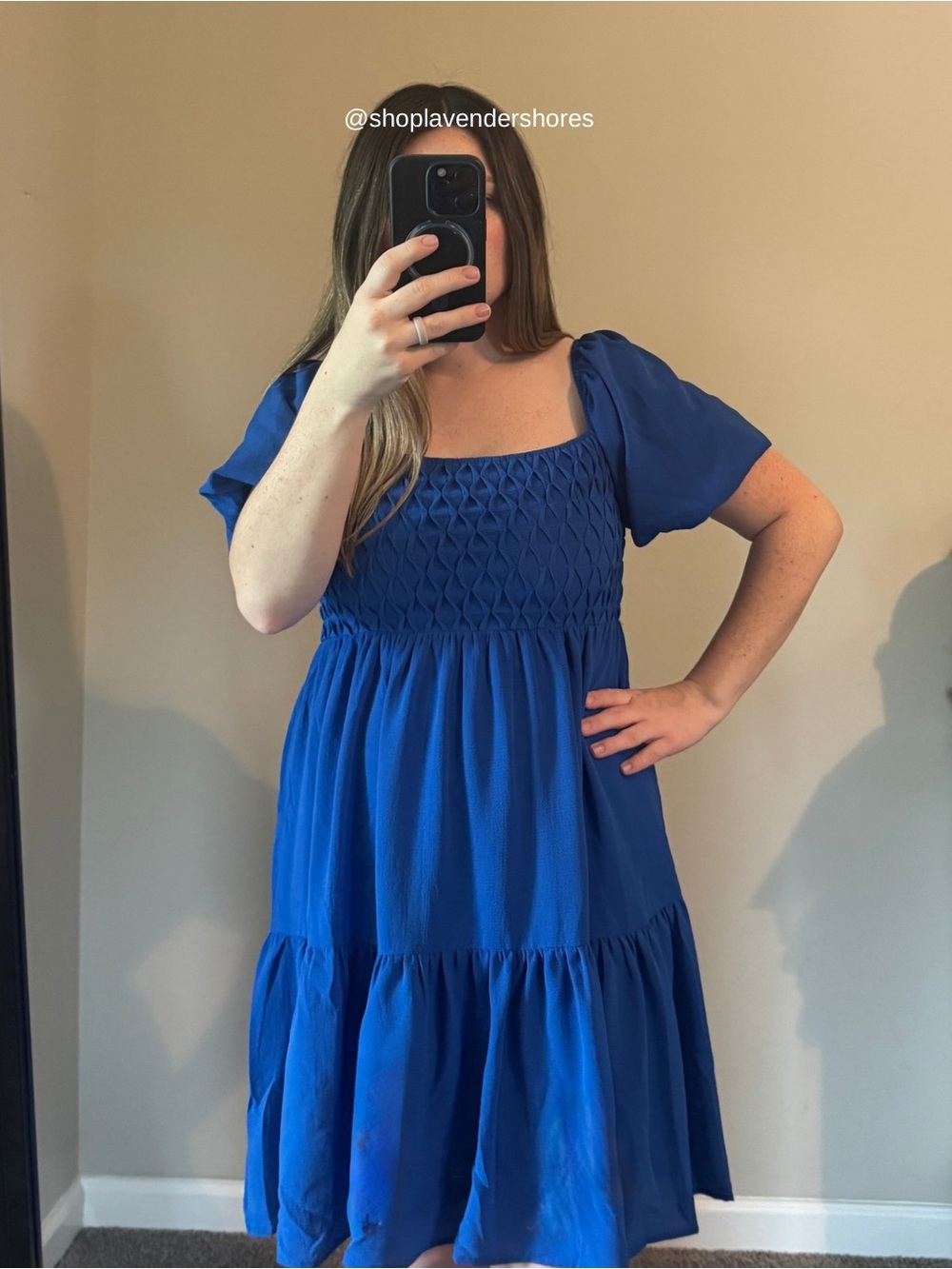 She + Sky Royal Blue Smocked Square-Neck Midi Dress